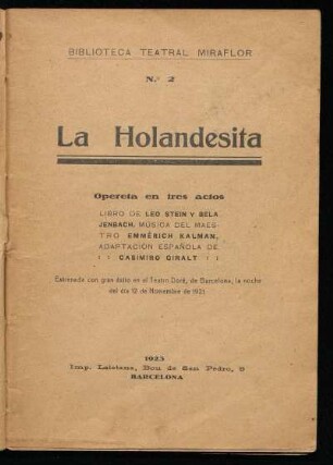 La holandesita : opereta en tres actos