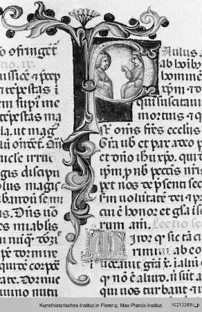 Breviarium Fratrum Minorum cum psalterio et kalendario : Textseite mit historisierter Initiale P: Heiliger vor einem König (?)