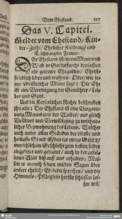 Das V. Capitel. Meldet vom Ehestand, Kinder-Zucht, Ehrlicher Kleidung, und E. schwangren Frawen