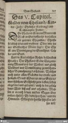 Das V. Capitel. Meldet vom Ehestand, Kinder-Zucht, Ehrlicher Kleidung, und E. schwangren Frawen