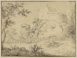 Burg Bentheim von Südwesten, links der Drususfels, Teufelsohrkissen