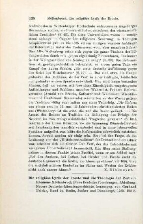 438-439 [Rezension] Möllenbrock, Klemens, Die religiöse Lyrik der Droste und die Theologie der Zeit