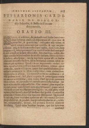 Bessarionis Cardinalis De Discordiis sedandis, & Bello in Turcum decernendo, Oratio III.