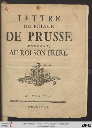 Lettre Du Prince De Prusse Mourant, Au Roi Son Frere