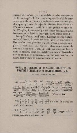 Recueil de formules et de valeurs relatives aux fonctions circulaires et logarithmiques.