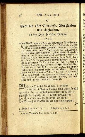V. Gedanken über Vernunft, Aberglauben und Unglauben. an den Herrn Professor Stähelin. 1729.