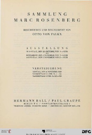 Sammlung Marc Rosenberg : Versteigerung 4. November 1929