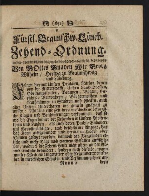 [XVIII.] V. Fürstl. Braunschw. Lüneb. Zehend-Ordnung. Von GOttes Gnaden Wir Georg Wilhelm / Hertzog zu Braunschweig und Lüneburg