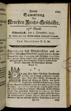 73tes Stuck. Schwabach, den 2. December, 1757.