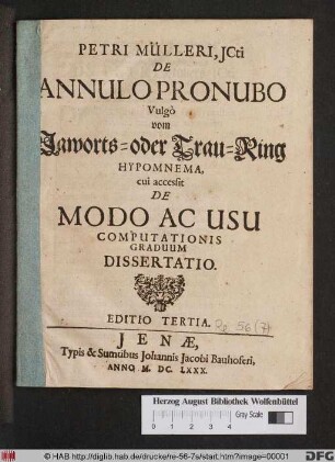 Petri Mülleri, ICti De Annulo Pronubo Vulgo vom Jaworts- oder Trau-Ring Hypomnema