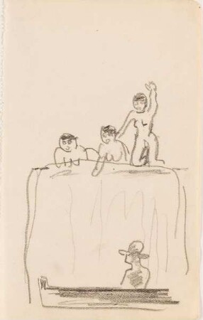 Skizze von drei nackten Frauen und Mann im Boot (Sirenenfelsen?)