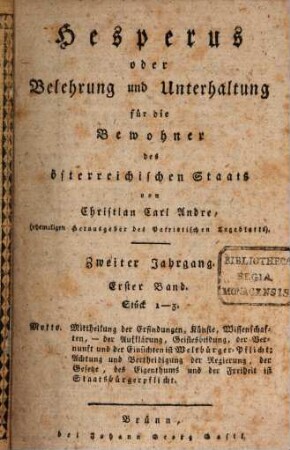 Hesperus oder Belehrung und Unterhaltung für die Bewohner des österreichischen Staats. 2,1, 2,1. 1811
