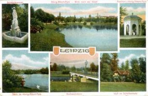 Leipzig: Schäferbrunnen, König-Albert-Park - Blick nach der Stadt, Pavillon i. König-Albert-Park, Teich im König-Albert-Park, Sachsenbrücke, Idyll im Scheibenholz