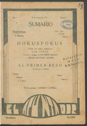 1931000500: Hokuspokus : prólogo, tres actos y epílogo