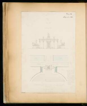 Siegestor auf dem Belle-Alliance-Platz (Hallesches Tor), Berlin-Kreuzberg Monatskonkurrenz Dezember 1871: Lageplan mit Grundriss, Aufriss Vorderansicht; Maßstabsleiste, Erläuterungstext