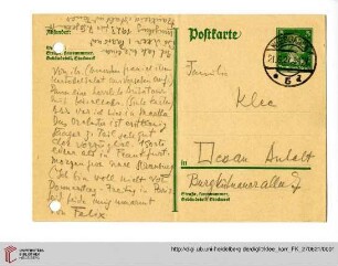 Familienkorrespondenz Klee: Postkarte von Felix Klee an Lily Klee und Paul Klee