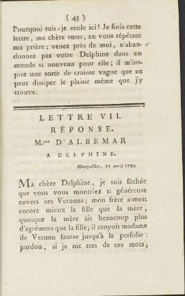Lettre VII. Réponse. Mlle D'Albémar A Delphine. 25. Avril 1790