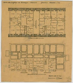 Fischer, Theodor; München; Bayerische Geschützwerke - Umbau des Spieglhofes in Wohnungen (Grundriss 1. OG, Schnitt); Waschhaus (Ansichten, Schnitt)