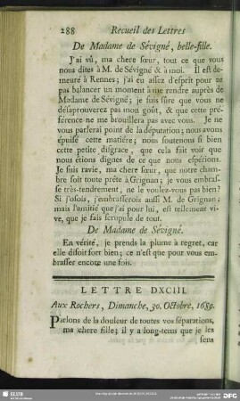 Lettre DXCIII. Aux Rochers, Dimanche, 30. Octobre, 1689