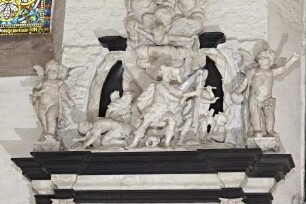 Epitaph des gottorfischen Kanzlers Johann Adolph Kielmann von Kielmannseck und seiner Frau Margaretha — Auferstehung Christi flankiert von Putten mit Arma Christi