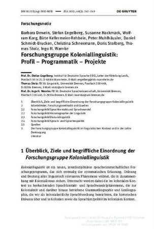 Forschungsgruppe Koloniallinguistik : Profil – Programmatik – Projekte
