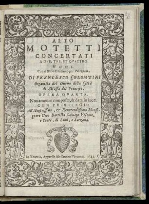 Francesco Colombini: Motetti concertati a due, tre, et quattro voci. Alto