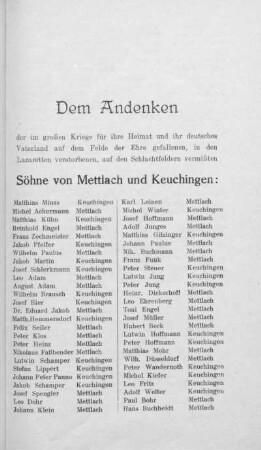 Dem Andenken der im großen Kriege für ihre Heimat und ihr deutsches Vaterland auf dem Felde der Ehre gefallenen, in den Lazaretten verstorbenen, auf den Schlachtfeldern vermißten Söhne von Mettlach und Keuchingen.
