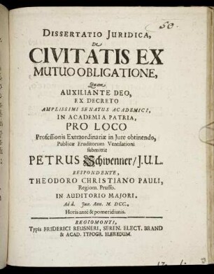 Dissertatio Iuridica, De Civitatis Ex Mutuo Obligatione