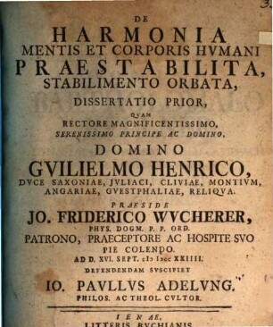 De Harmonia Mentis Et Corporis Hvmani Praestabilita, Stabilimento Orbata, Dissertatio Prior