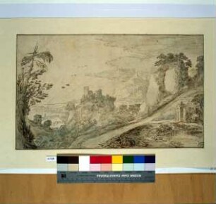 Bergige Landschaft mit Burg