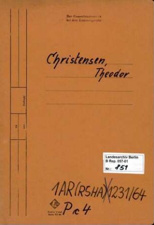 Personenheft Theodor Christensen (*07.05.1905), SS-Hauptsturmführer, seit 1940 SS-Sturmbannführer