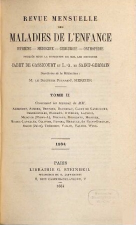 Revue mensuelle des maladies de l'enfance : hygiène, médecine, chirurgie, orthopédie. 2. 1884