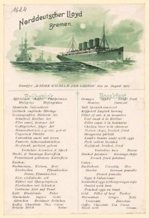 Menükarte : Frühstück, Dampfer "Kaiser Wilhelm der Große"