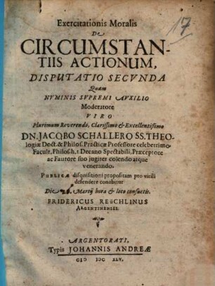 Exercitationis Moralis De Circumstantiis Actionum : Disputatio Secvnda