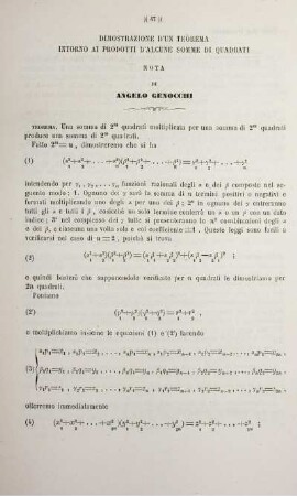 Dimostrazione d'un teorema intorno ai prodotti d'alcune somme di quadrati.