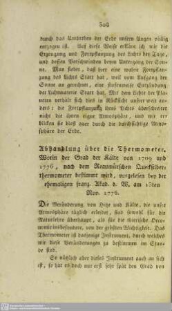Abhandlung über die Thermometer. Worin der Grad der Kälte von 1709 und 1776, nach dem Reaumürschen Quecksilberthermometer bestimmt wird, vorgelesen bey der ehemaligen franz. Akad. d. W. am 13ten Nov. 1776