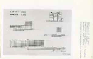 Chirurgische Klinik, Berlin-Dahlem (Diplomarbeit bei Willy Kreuer): Grundriss 2. Untergeschoss und Schnitte 1:200