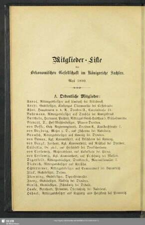 Mitglieder-Liste der Oekonomischen Gesellschaft im Königreiche Sachsen. Mai 1890