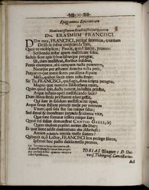 Epigramma Epicriticum ad nominatissimum seculi nostri Scriptorem Dn. Erasmum Francisci.
