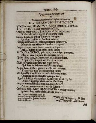 Epigramma Epicriticum ad nominatissimum seculi nostri Scriptorem Dn. Erasmum Francisci.