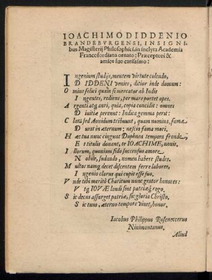 Ioachimo Diddenio Brandeburgensi, Insignibus Magisterii Philosophici, in inclyta Academia Francofordiana ornato: Praeceptori & amico suo carissimo: