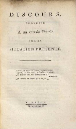 Discours, addressé à un certain peuple sur sa situation présente
