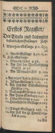 Erstes Register/ Der Tituln und darunter befindlichen Gesänger Zahl.