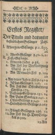 Erstes Register/ Der Tituln und darunter befindlichen Gesänger Zahl.