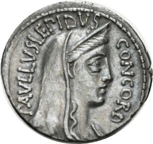 Denar der Römischen Republik mit Darstellung des Puteal Scribonianum