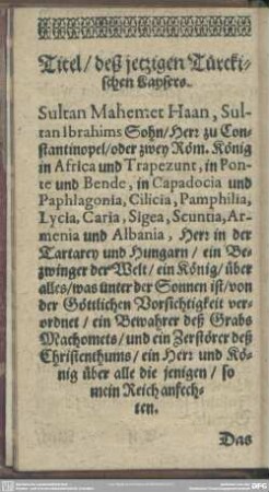 Titel, deß jetzigen Türckischen Kaysers
