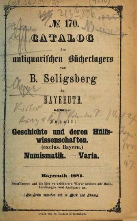 Antiquariats-Katalog. 170. 1881