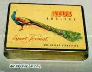 Blechdose für "ATOS AUSLESE Export-Format 20 ORIENT-CIGARETTEN" (Abbildung eines Pfau)