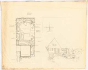 Garten Bewersdorf, Berlin-Friedrichsfelde: Perspektivische Ansicht zum Haus mit Terrasse, Lageplan mit Gartenplan 1:100