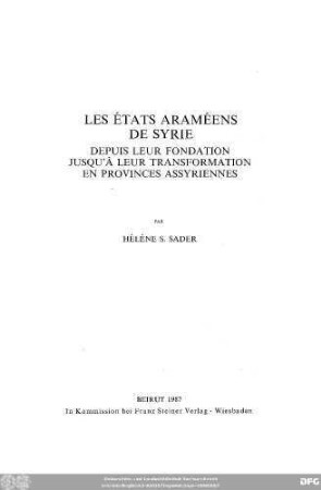 Les états araméens de Syrie : depuis leur fondation jusqu'à leur transformation en provinces assyriennes